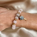 Women's But First Pray Rose Quartz Beaded Bracelet, Christian Cross Charm Bracelet