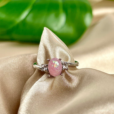 Silver Plated Pink Opal Silver CZ Statement Ring