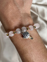 Women's But First Pray Rose Quartz Beaded Bracelet, Christian Cross Charm Bracelet