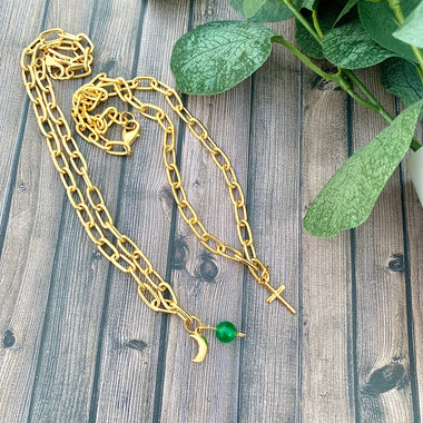 Women's Green Jade Moon Gold Paperclip Necklace