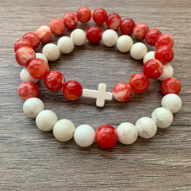 Red Quartzite and Howlite Beaded Cross Bracelet Set