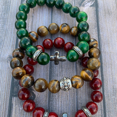 Men's Ruby Quartzite Bracelet, Men's Cross Beaded Bracelet