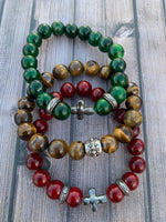 Men's Ruby Quartzite Bracelet, Men's Cross Beaded Bracelet