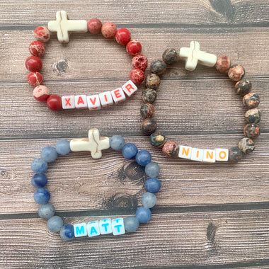 Kids Unisex Custom Name Gemstone Beaded Bracelet, Kids Cross Letter Bracelet