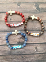 Kids Unisex Custom Name Gemstone Beaded Bracelet, Kids Cross Letter Bracelet